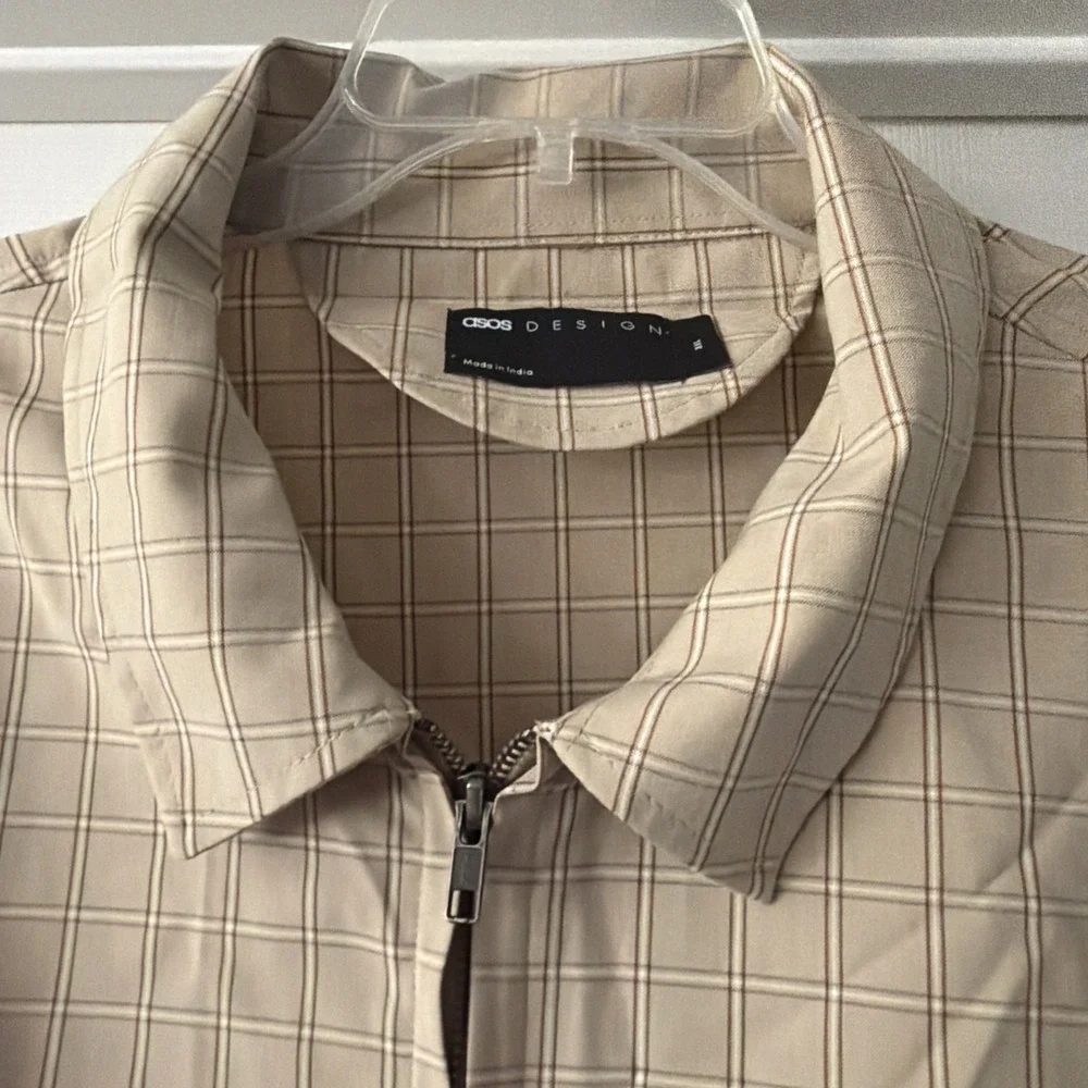 ASOS Design Mens 3XL Harrington Jacket Beige Plaid Check Full Zip Stretch Retro